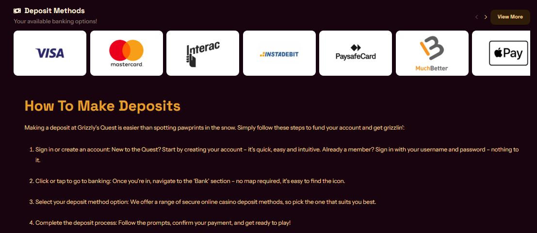 Make quick deposits using popular payment methods at Grizzly's Quest