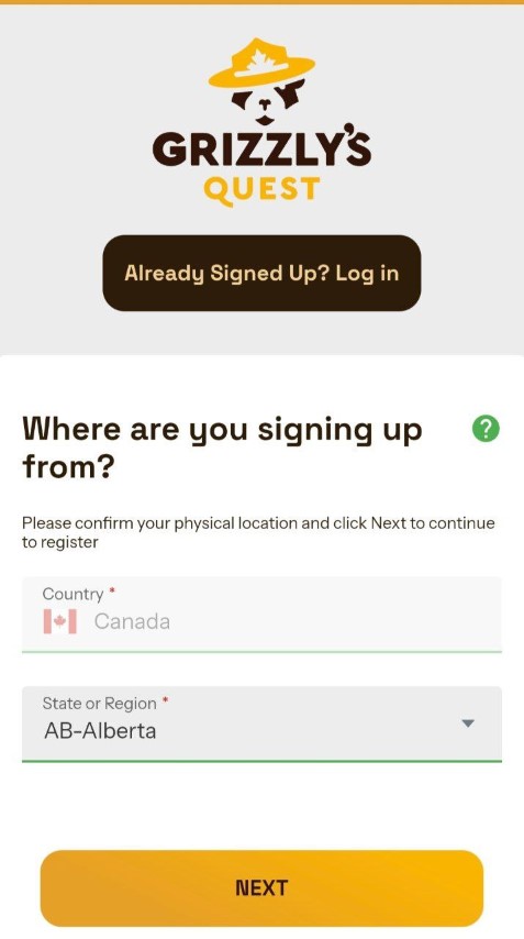 Select your country and region to register at Grizzly's Quest App
