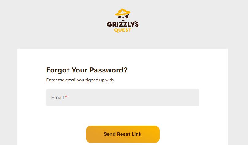 Reset forgotten password by entering email at Grizzly's Quest