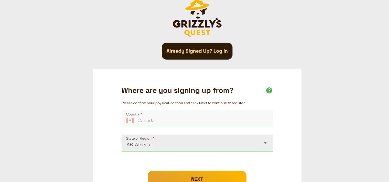 Confirm your location in Canada to register at Grizzly's Quest