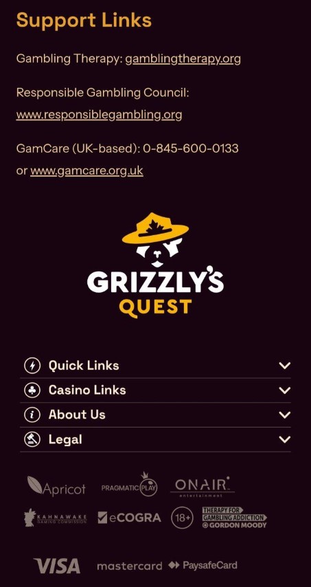 View support links and responsible gambling resources at Grizzly's Quest